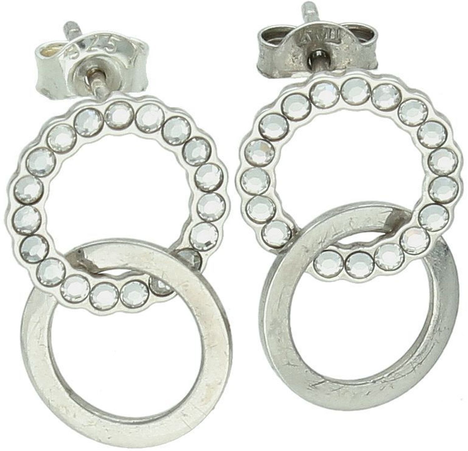 Srebrne kolczyki damskie próba 925 z dwoma kółeczkami, jedno ozdobione cyrkoniami, drugie gładkie. Zapięcie na sztyft, długość 1,7 cm. Elegancka biżuteria.1.jpg